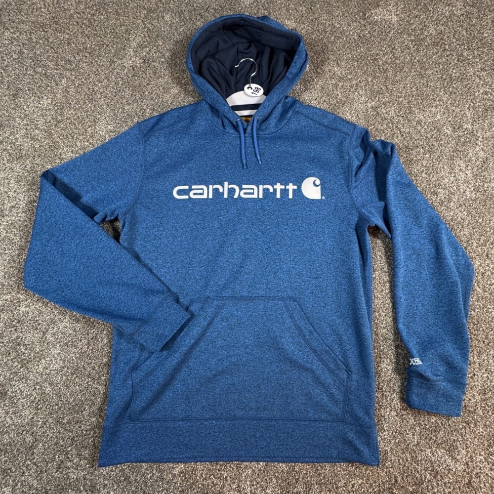 Carhartt Mens Force Hoodie M Blue Heather Relaxed Fit  Sweatshirt Spellout - Picture 2 of 8